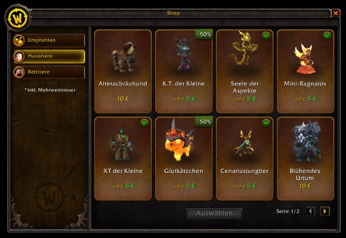 Der Ingame-Shop von World of Warcraft. 