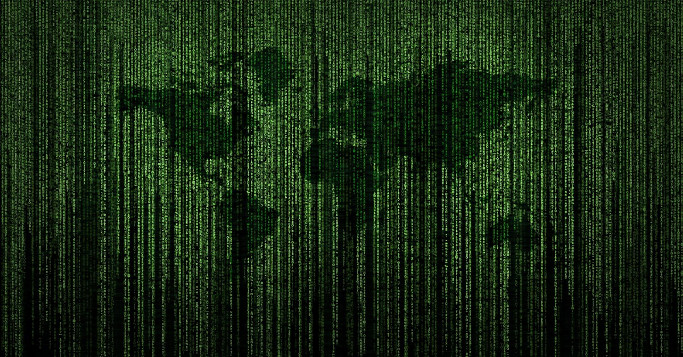 Weltbild auf Binärcode Matrix Stil in Grün
