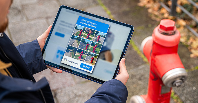 Person löst auf einem Tablet ein Captcha mit Hydranten und steht dabei vor einem echten Hydranten.