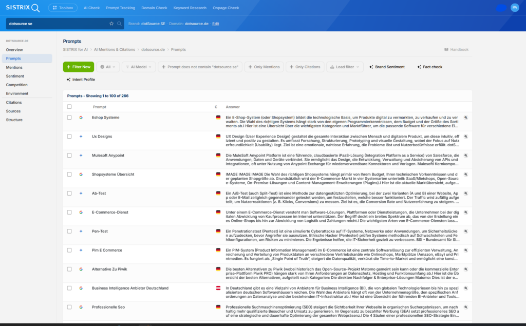 Beispiele für Prompt-Tracking in SISTRIX: Einzelne Prompts, Antworten und Filter lassen sich systematisch auswerten. Zu sehen ist eine Prompt-Liste.