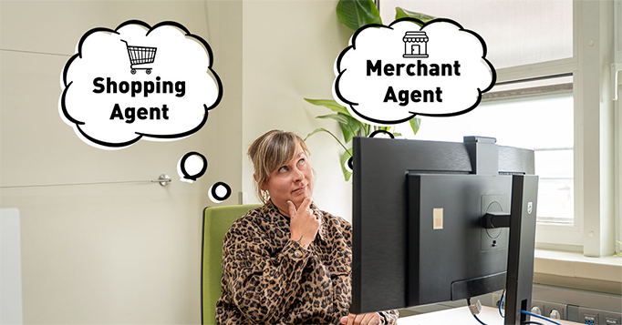 Illustration einer Commerce-Arbeitsumgebung mit Shopping Agent und Merchant Agent - die zwei Claude Commerce Agents